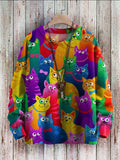 Multicolored Funny Cats Art Pattern Print Casual Knit Pullover Sweatshirt