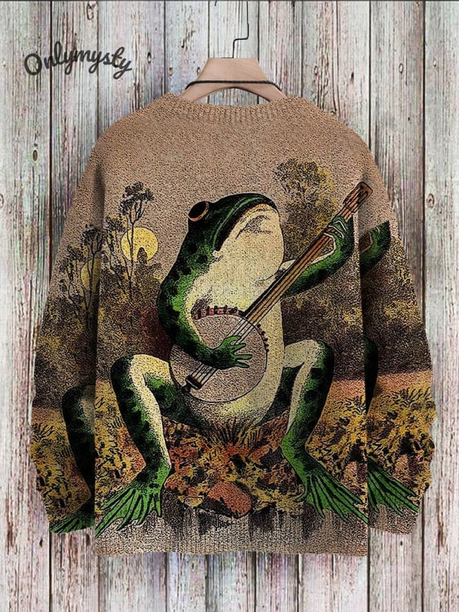 Vintage Frog Fun Art Print Casual Pullover Knitted Sweater
