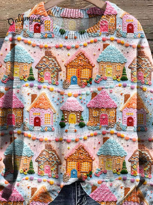 Embroidered Gingerbread Houses Christmas Holiday Print Knit Pullover Sweater