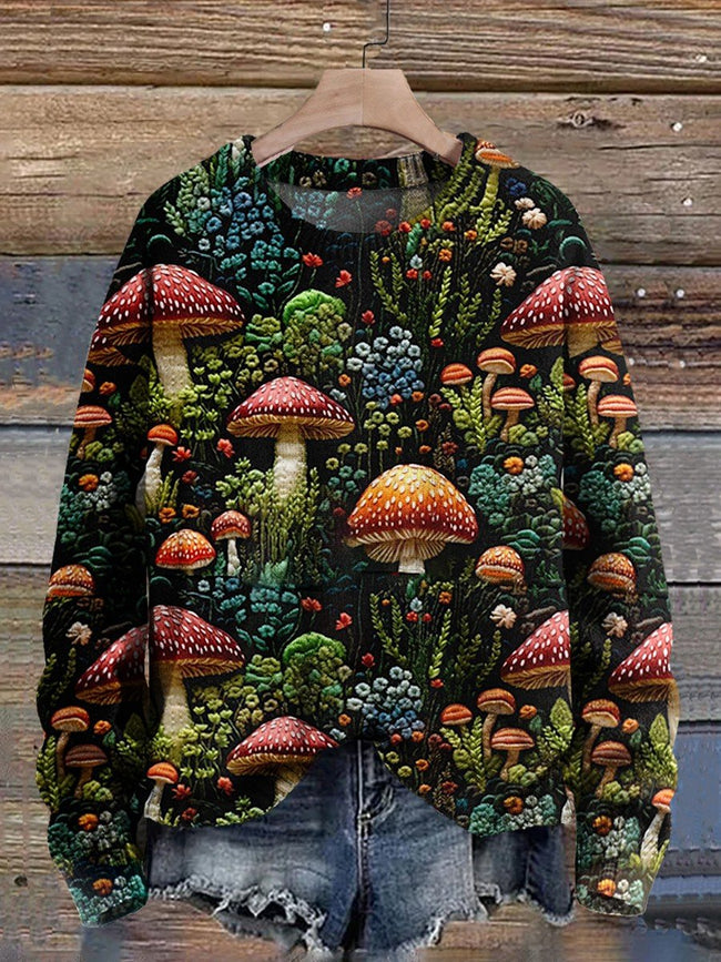 Retro Mushroom Art Print Knit Pullover Sweater