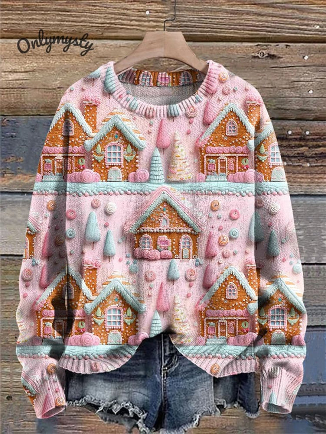 Pink Gingerbread Cookie House Pastel Cookie House Pink Christmas Village Print Knit Pullover Sweater