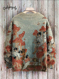 Vintage Mushroom Art Print Slouchy Knit Pullover Sweatshirt