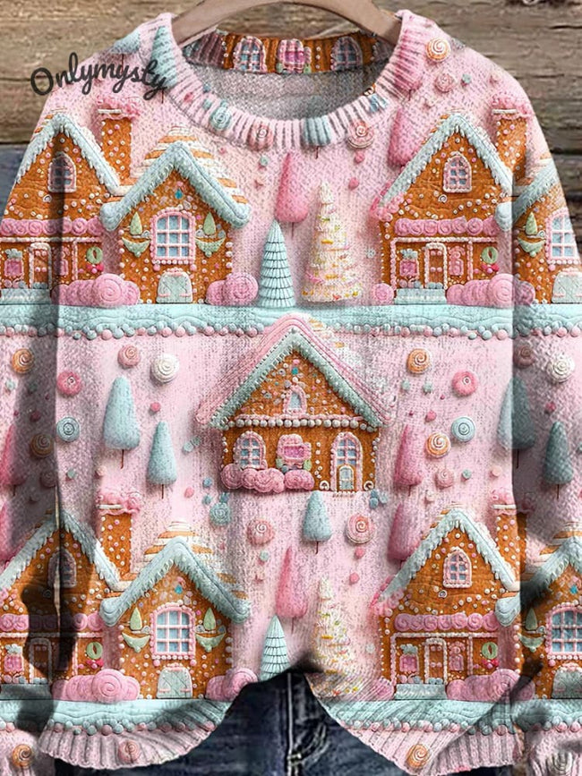 Pink Gingerbread Cookie House Pastel Cookie House Pink Christmas Village Print Knit Pullover Sweater