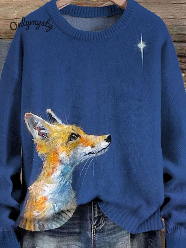 Cute Fox Looks At The Star Art Pattern Print Casual Knit Pullover Sweater