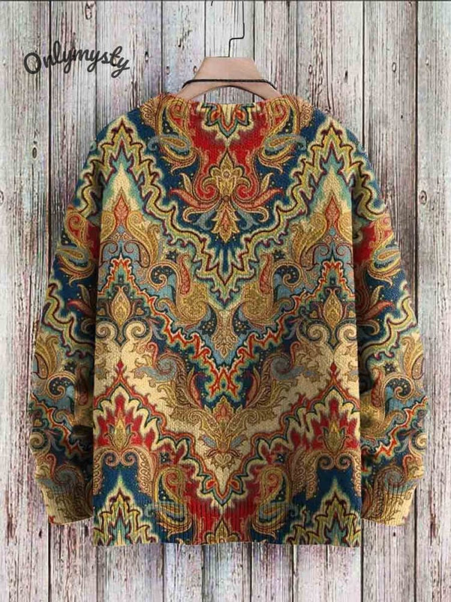 Vintage Art Print Casual Knit Pullover Sweater